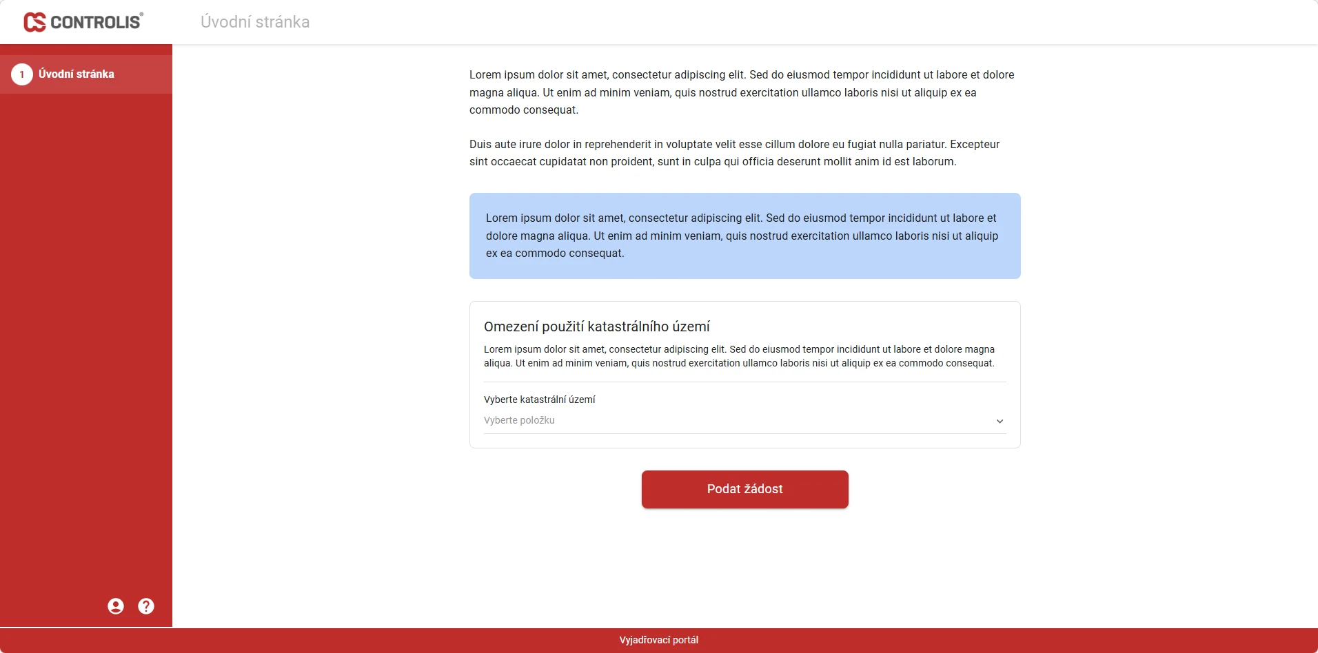 External Request Portal - Úvodní stránka v 1. kroku zadávacího formuláře