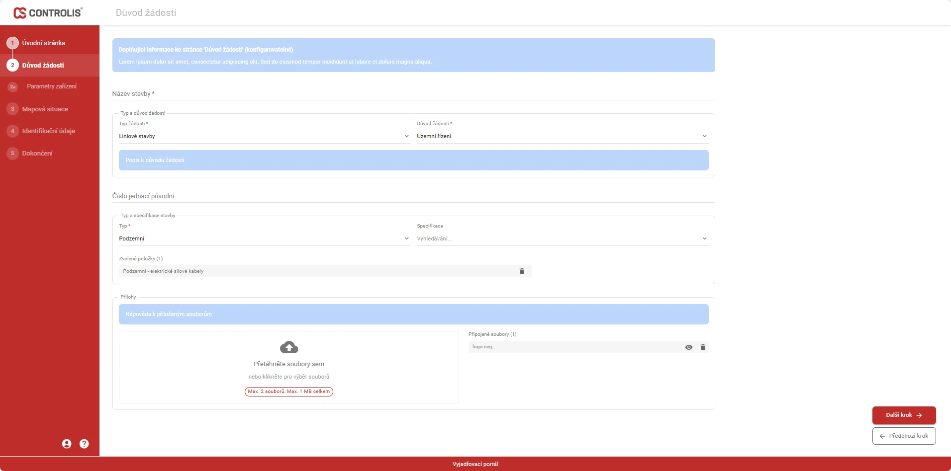 External Request Portal - Důvod žádosti ve 2. kroku zadávacího formuláře