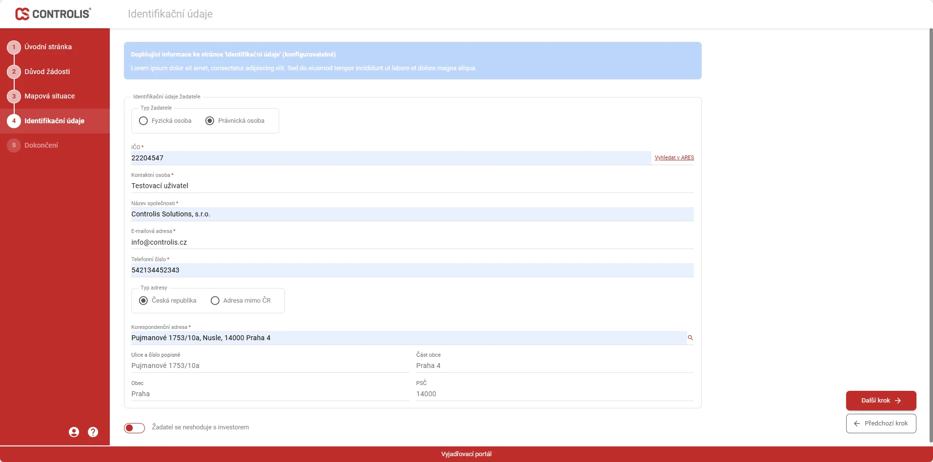 External Request Portal - Identifikační údaje ve 4. kroku zadávacího formuláře