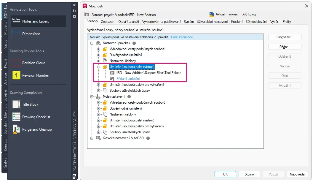Autodesk AutoCAD 2027: Připojené podpůrné soubory: palety nástrojů (Connected Support Files: Tool Palettes)