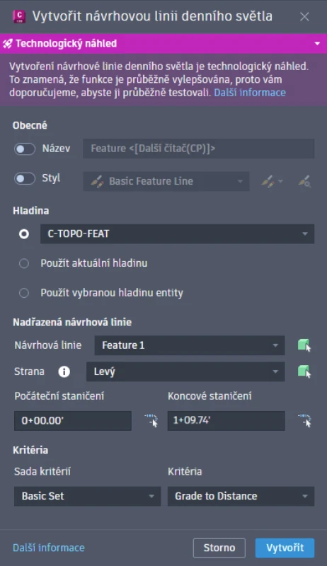 Autodesk Civil 3D 2027: Návrhová linie denního světla (Daylight Feature Line)