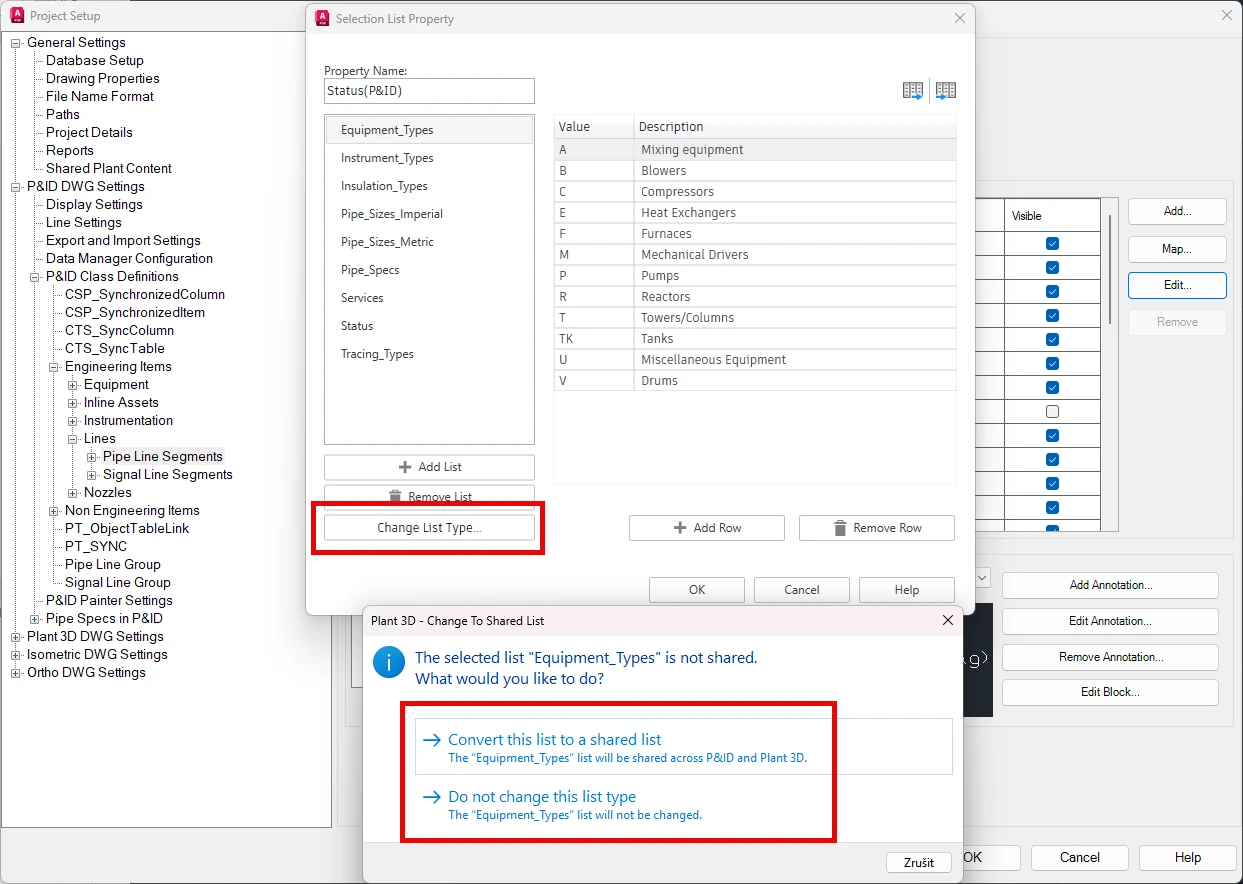 AutoCAD Plant 3D 2027 umožňuje sdílet seznamy hodnot mezi P&ID a 3D třídami i pro stávající seznamy
