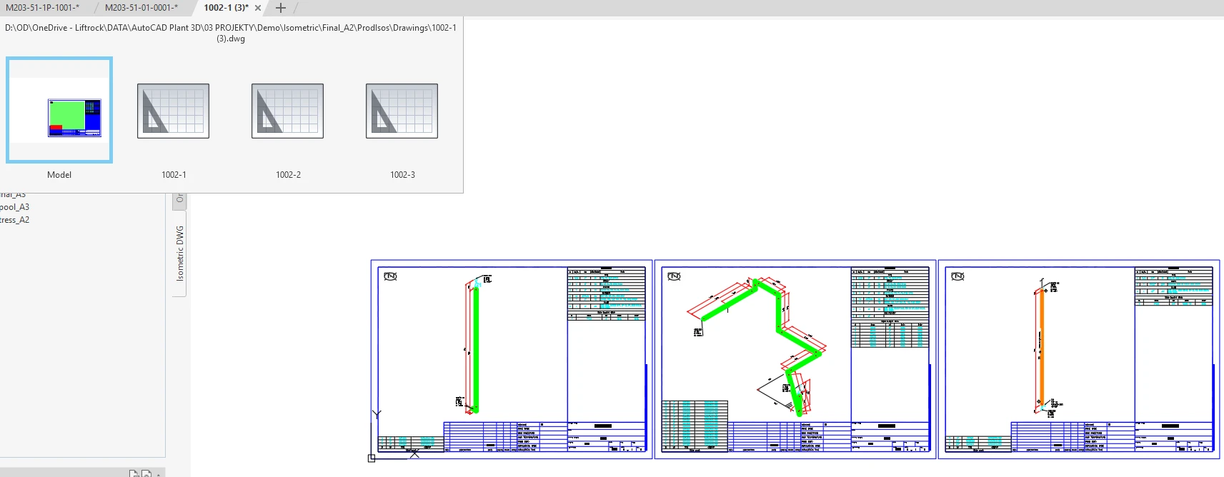 Velkou novinkou v AutoCADu Plant 3D 2027 je možnost umístit všechny výkresové listy pro stejné číslo trasy do jednoho jediného výkresu (v modelovém prostoru)