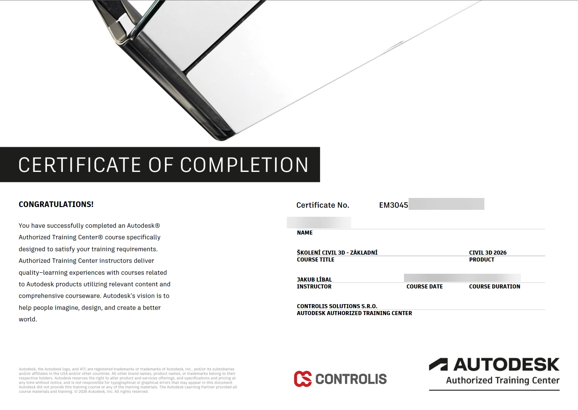 Certifikát Autodesk Training Centre po absolvování školení Autodesk Civil 3D